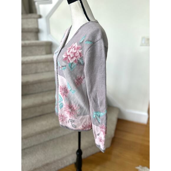Vintage Coldwater Creek Cottage Grey Pink Mint Rose Patchwork Cardigan - Picture 3 of 5